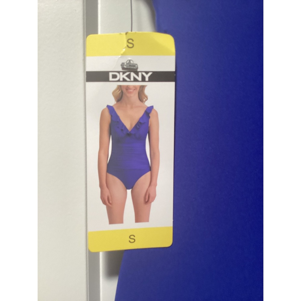DKNY Womens Ruffle V-Neck Ruched One Piece Swimsuit Blue S 1943727‎ - Picture 3 of 6